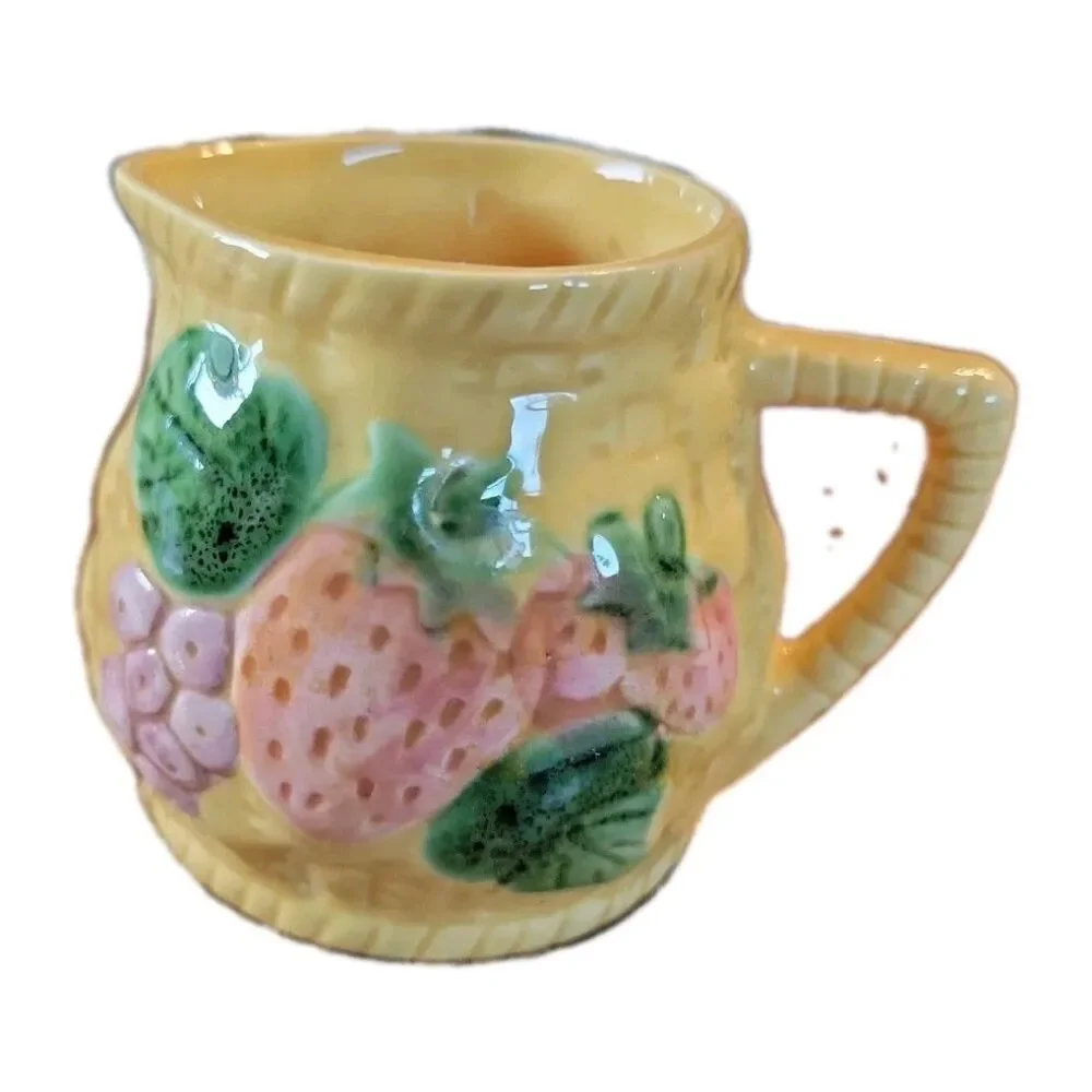 Vintage 1/2 Cup Strawberry Ceramic Pitcher Basket Weave Country Kitchen Decor